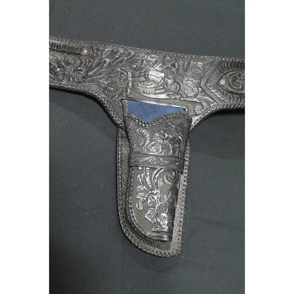 Vintage Tooled Leather Western Double Holster Belt Black Floral Carved Cowboy